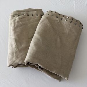 West Elm Pair Of 100% Linen Curtain Panels 48x96 Tan Studded Trim Rod Pocket EUC